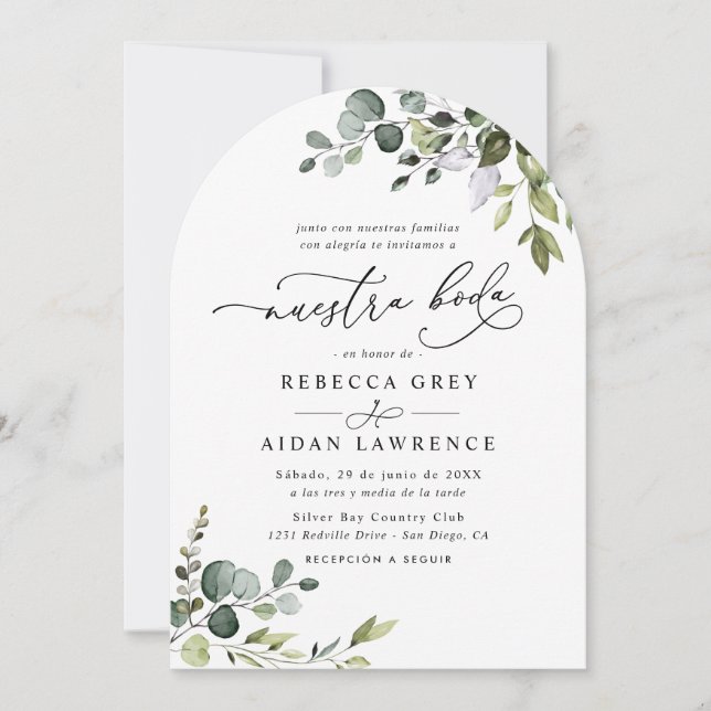 Rustic Eucalyptus Leafy Greenery Arch Neustra Boda Invitation (Front)