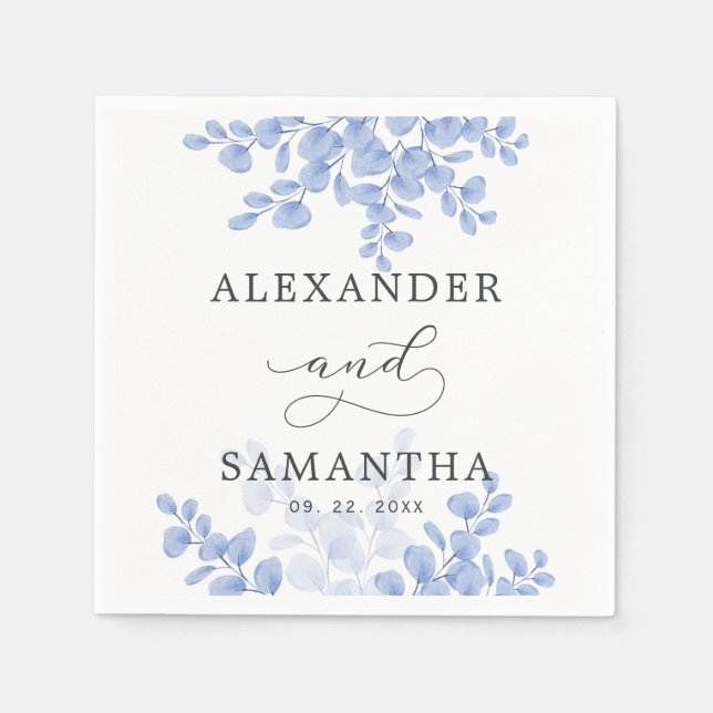 Rustic Eucalyptus Leaves Blue Botanical Wedding Napkins (Front)