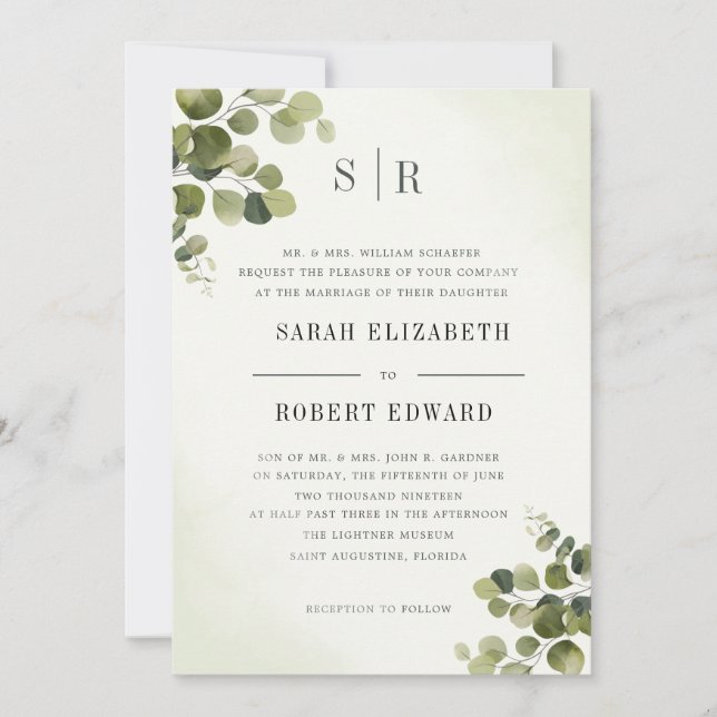 Rustic Eucalyptus Leaves Budget Rehearsal Dinner Invitation (Front)