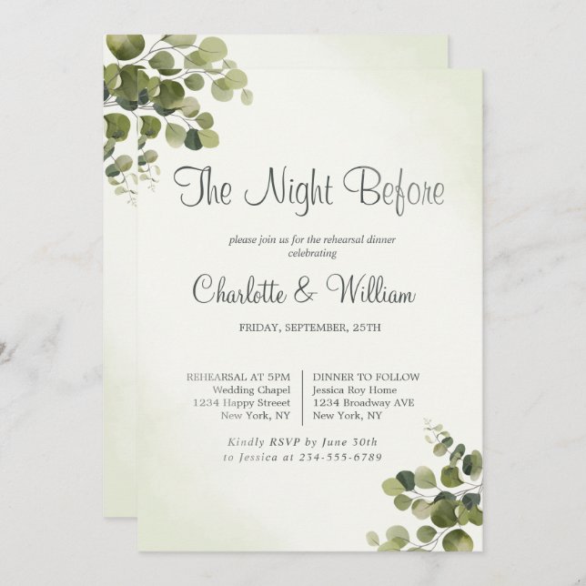 Rustic Eucalyptus Leaves Budget Rehearsal Dinner Invitation (Front/Back)