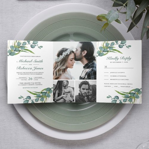 Rustic Eucalyptus Leaves Photo Collage Wedding Tri_Fold Invitation
