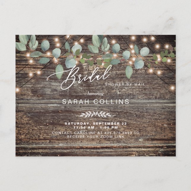 Rustic Eucalyptus & Lights Bridal Shower by Mail Invitation Postcard (Front)