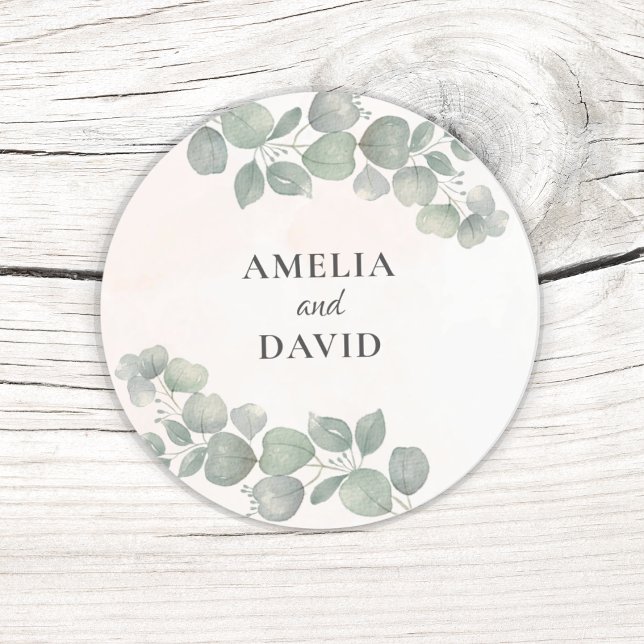 Rustic eucalyptus Monogram Wedding Classic Round Sticker (Creator Uploaded)