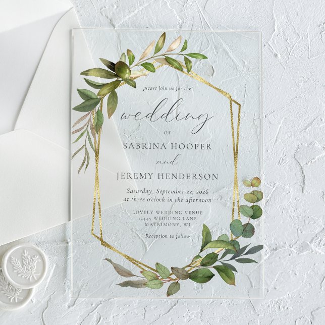 Rustic Eucalyptus Olive Gold Frame Wedding Acrylic Invitations (Creator Uploaded)