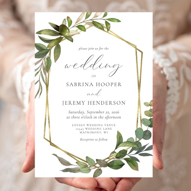 Rustic Eucalyptus Olive Gold Frame Wedding Invitation (Creator Uploaded)