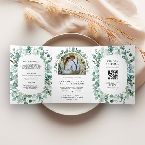 Rustic Eucalyptus Photo All in One QR Code Wedding Tri_Fold Invitation