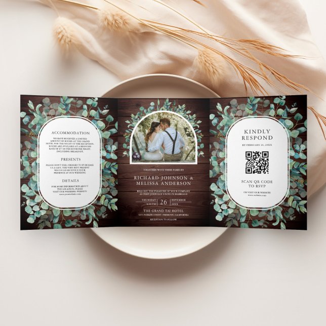 Rustic Eucalyptus Photo Barn Wood QR Code Wedding Tri-Fold Invitation (Creator Uploaded)