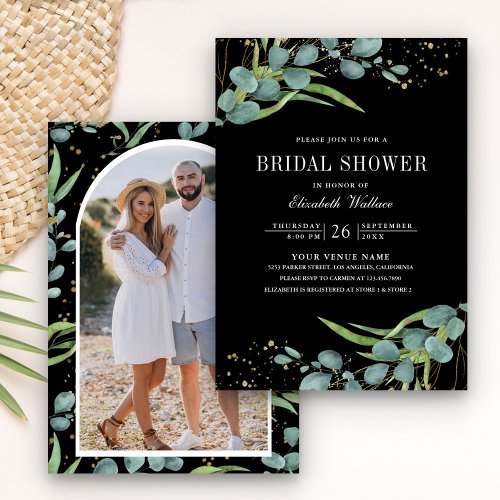 Rustic Eucalyptus Photo Black Bridal Shower Invitation