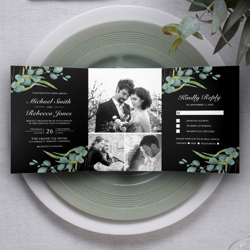 Rustic Eucalyptus Photo Collage Black Wedding Tri_Fold Invitation
