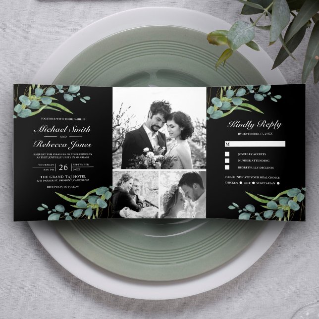 Rustic Eucalyptus Photo Collage Black Wedding Tri-Fold Invitation (Creator Uploaded)