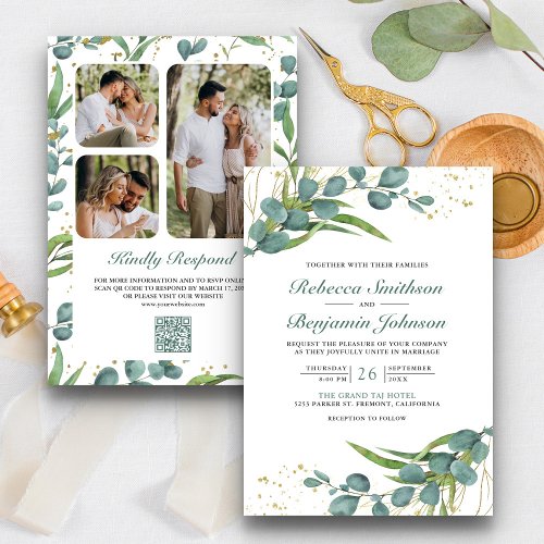 Rustic Eucalyptus Photo Collage QR Code Wedding Invitation