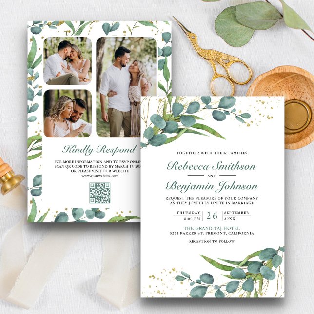 Rustic Eucalyptus Photo Collage QR Code Wedding Invitation (Creator Uploaded)