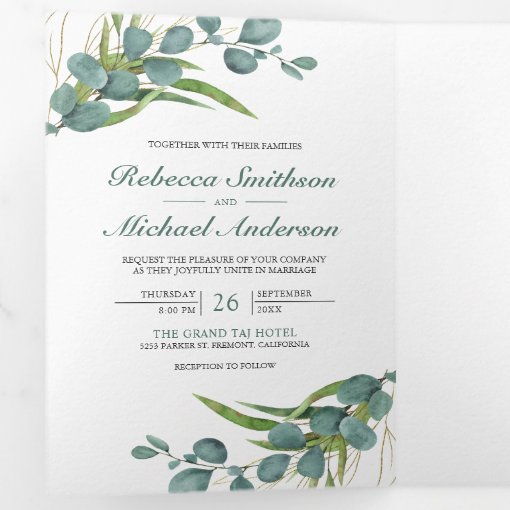 Rustic Eucalyptus Photo Collage QR Code Wedding Tri-Fold Invitation ...