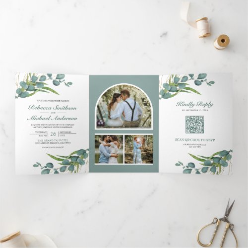 Rustic Eucalyptus Photo Collage QR Code Wedding Tri_Fold Invitation