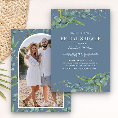 Rustic Eucalyptus Photo Dusty Blue Bridal Shower Invitation