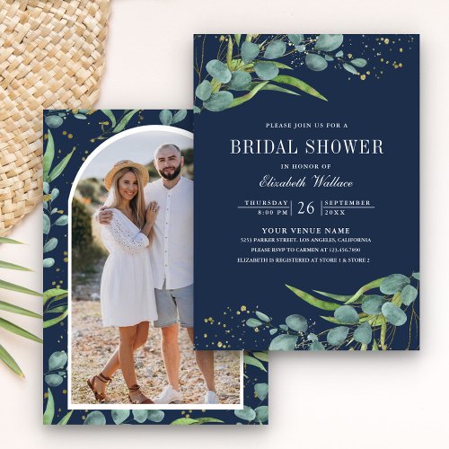 Rustic Eucalyptus Photo Navy Blue Bridal Shower Invitation