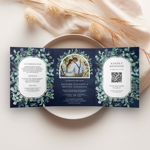 Rustic Eucalyptus Photo Navy Blue QR Code Wedding Tri_Fold Invitation