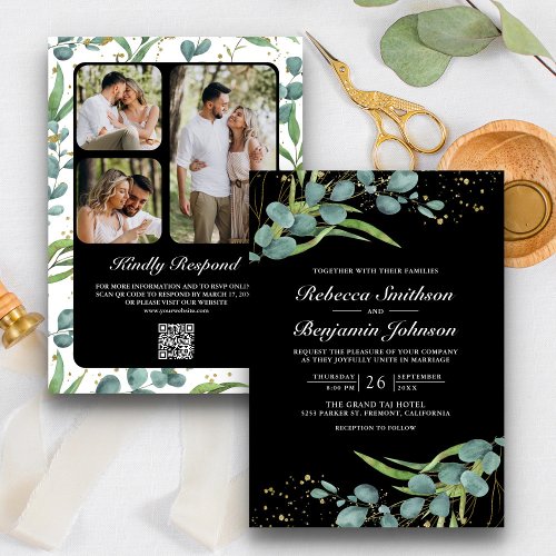 Rustic Eucalyptus Photo QR Code Black Wedding Invitation