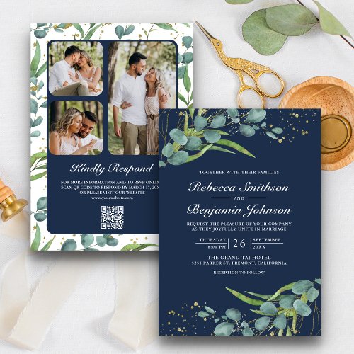 Rustic Eucalyptus Photo QR Code Navy Blue Wedding Invitation