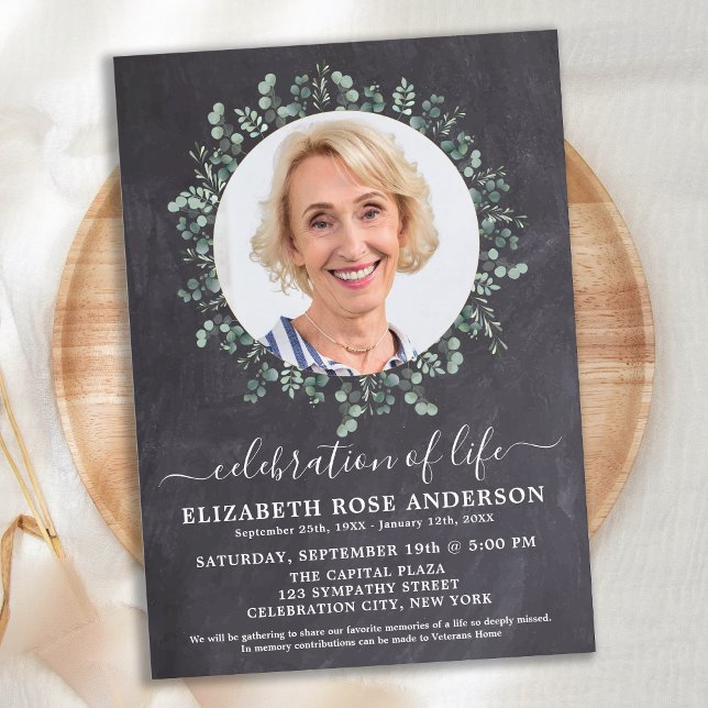 Rustic Eucalyptus Photo Slate Celebration Of Life Invitation (Creator Uploaded)