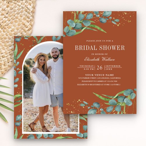 Rustic Eucalyptus Photo Terracotta Bridal Shower Invitation