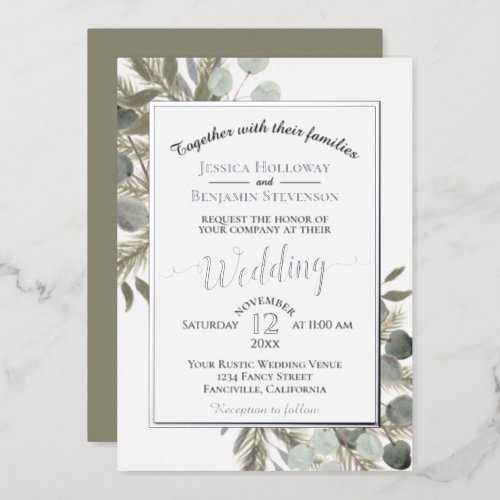 Rustic Eucalyptus  Pine Elegant Silver Wedding Foil Invitation