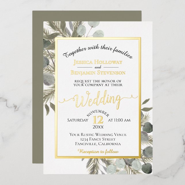 Rustic Eucalyptus & Pine Elegant Silver Wedding Foil Invitation (Front/Back)