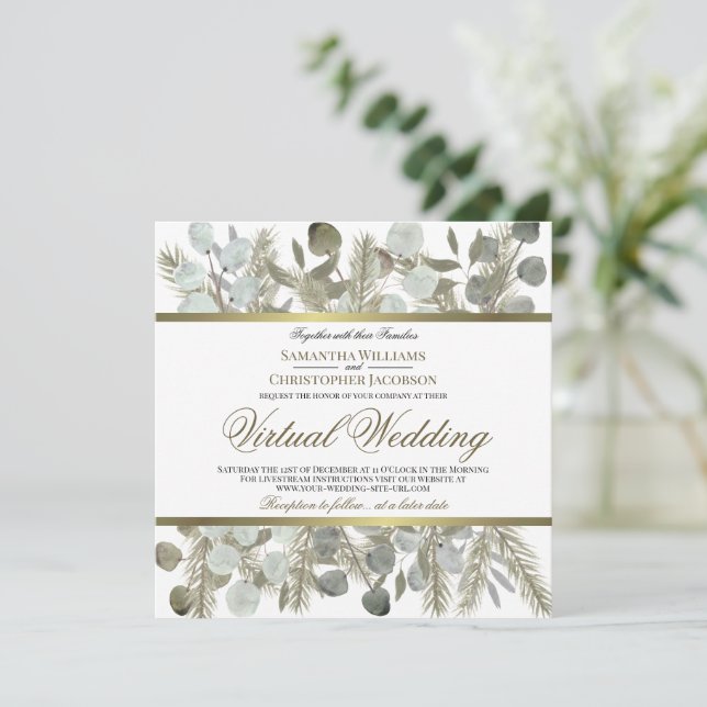 Rustic Eucalyptus & Pine Elegant Virtual Wedding Invitation (Standing Front)