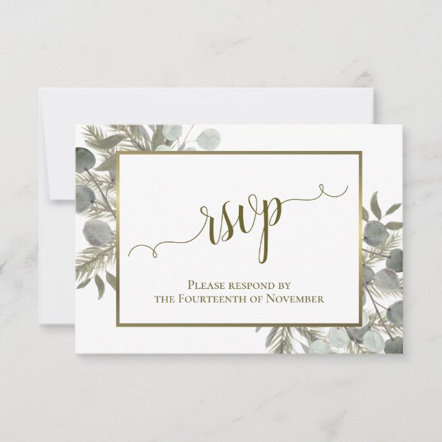 Rustic Eucalyptus & Pine Sage Green & Gold Wedding RSVP Card (Front)
