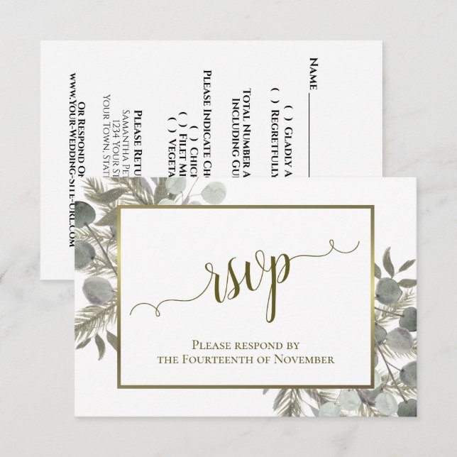 Rustic Eucalyptus & Pine Sage Green & Gold Wedding RSVP Card (Front/Back)