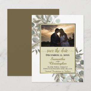 Rustic Eucalyptus & Pine w/ Photo Gold Wedding Save The Date