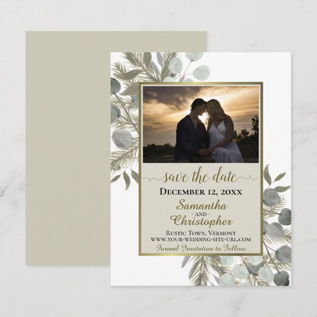 Rustic Eucalyptus & Pine w/ Photo Taupe Wedding Save The Date (Front/Back)