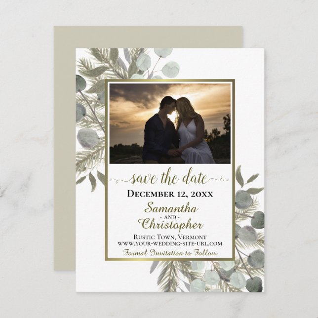 Rustic Eucalyptus & Pine w/ Photo White Wedding Save The Date (Front/Back)