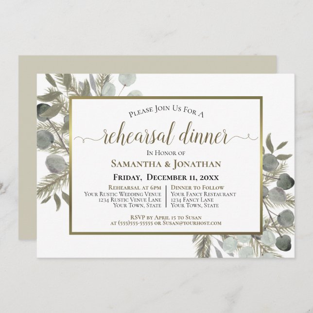 Rustic Eucalyptus & Pine Wedding Rehearsal Dinner Invitation (Front/Back)
