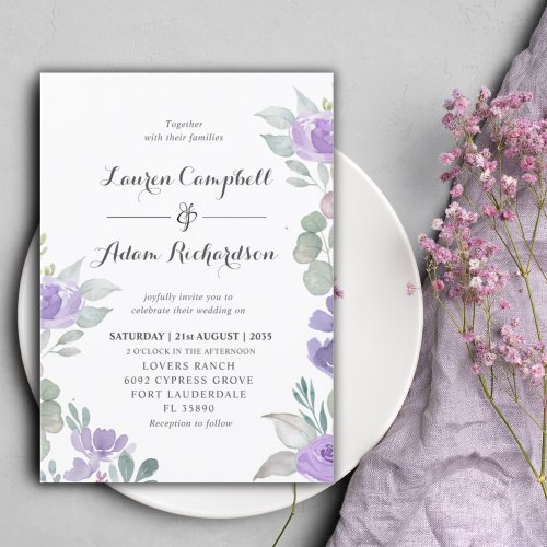 Rustic Eucalyptus Purple Floral Wedding Invitation