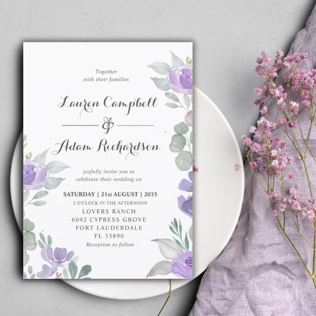 Rustic Eucalyptus Purple Floral Wedding Invitation (Creator Uploaded)