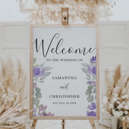 Rustic Eucalyptus & Purple Floral Wedding Sign