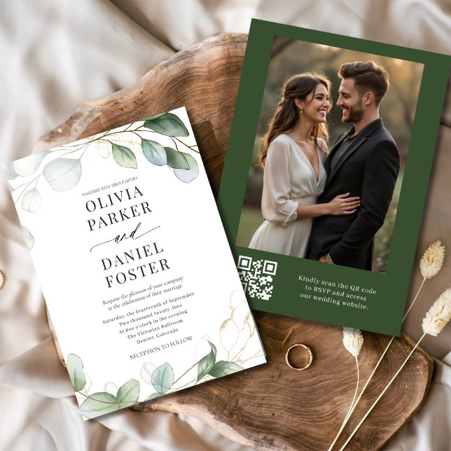  Rustic Eucalyptus QR Code Photo Greenery Wedding Invitation (Creator Uploaded)