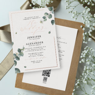 Rustic Eucalyptus & RSVP QR Code Wedding Rose Foil Invitation