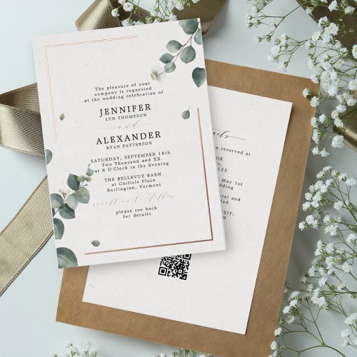 Rustic Eucalyptus  RSVP QR Code Wedding Rose Gold Foil Invitation