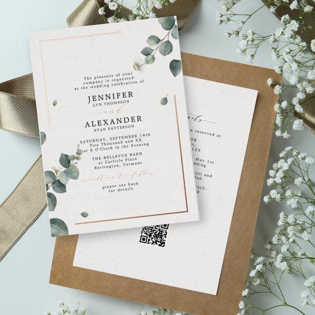 Rustic Eucalyptus & RSVP QR Code Wedding Rose Gold Foil Invitation (Creator Uploaded)