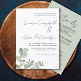 Rustic Eucalyptus Sage Green All In One Wedding Invitation