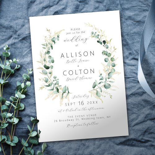 Rustic eucalyptus sage green boho wedding invitation