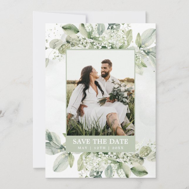 Rustic Eucalyptus Sage Green Foliage Photo Save The Date (Front)