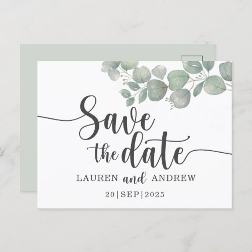 Rustic Eucalyptus Sage Green Wedding Save the Date Postcard