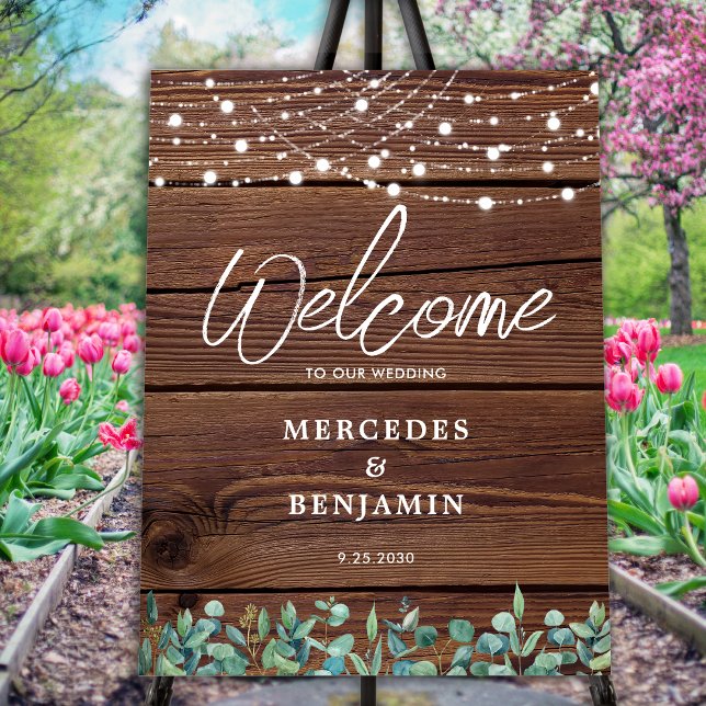 Rustic Eucalyptus String Lights Wedding Welcome  Foam Board (Creator Uploaded)