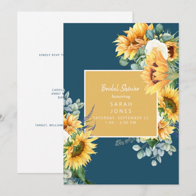 Rustic Eucalyptus Sunflower Teal Bridal Shower Invitation (Front/Back)