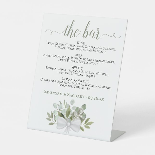 Rustic Eucalyptus The Bar Drinks Menu Wedding Pedestal Sign (Front)