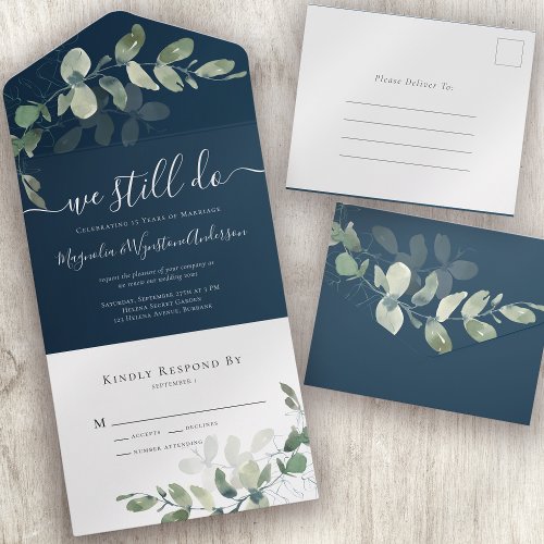 Rustic Eucalyptus Vow Renewal Navy Blue All In One Invitation