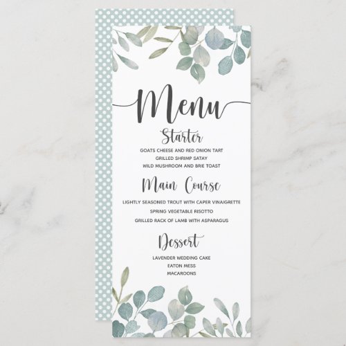 Rustic Eucalyptus watercolor green  White Wedding Menu